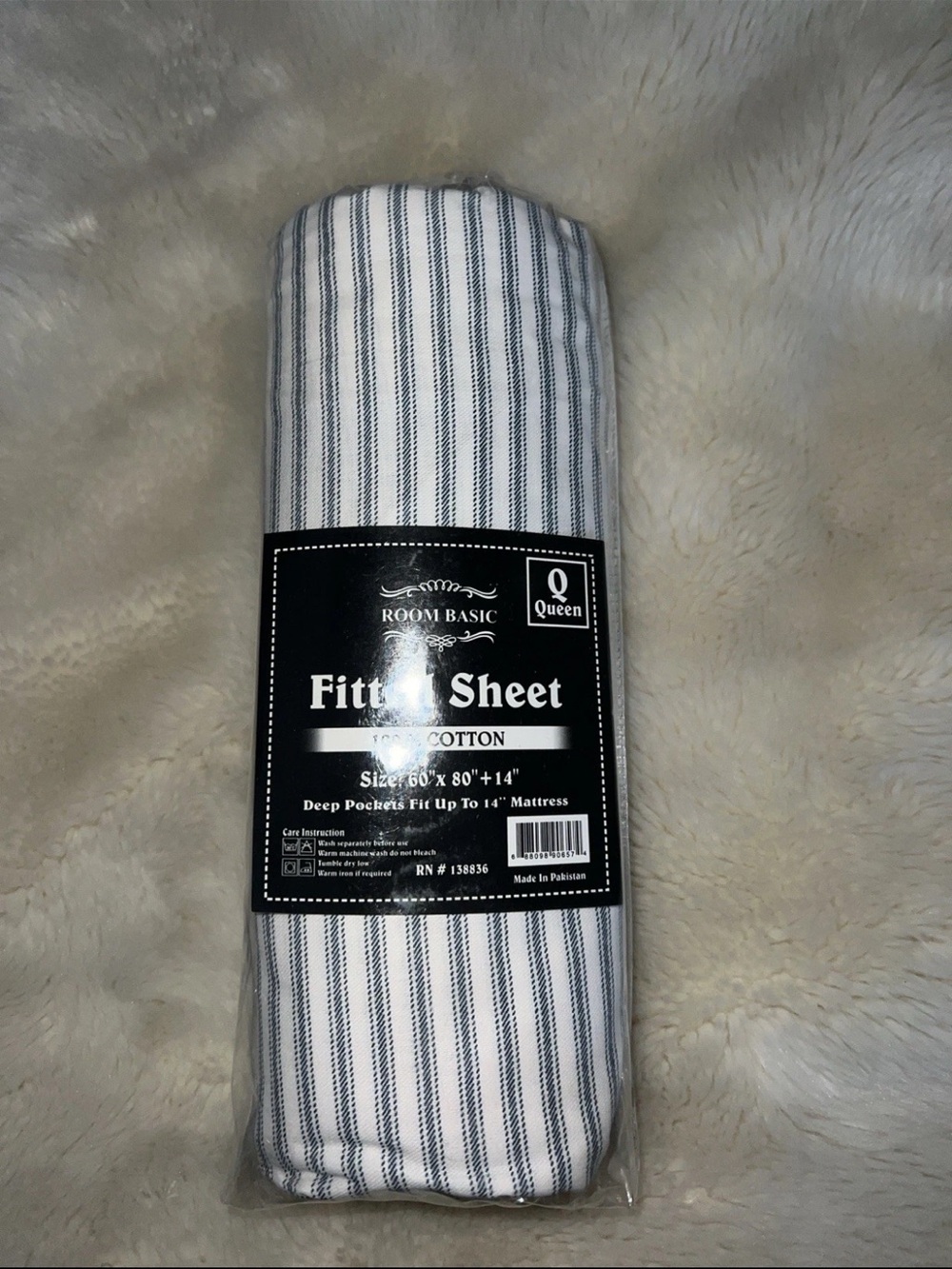 Room Basic Queen Fitted Sheet - White with Navy Stripe - NWT
